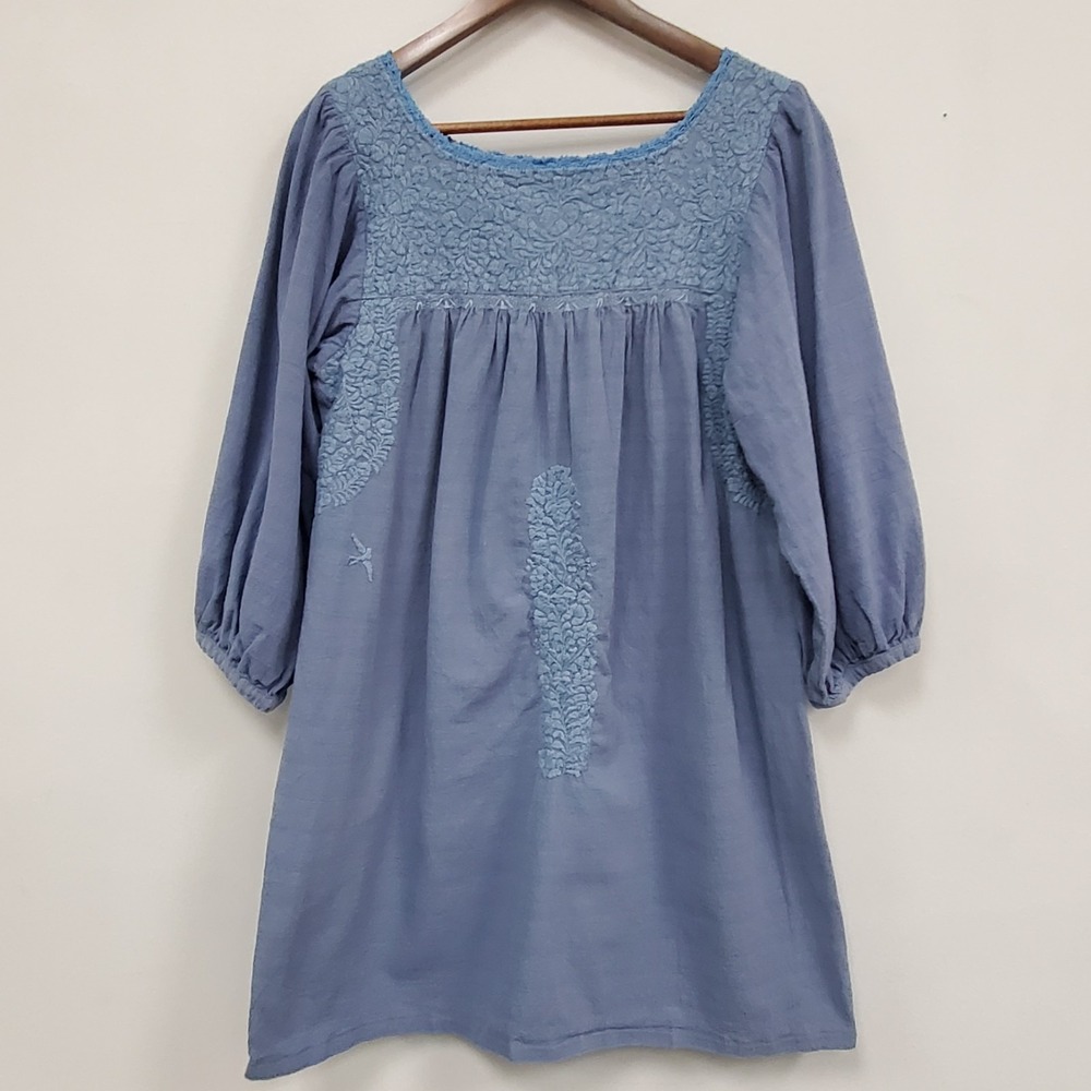 Mi Golondrina Puff Sleeve Dress Size M Embroidered Oversized Relaxed Blue 3/4